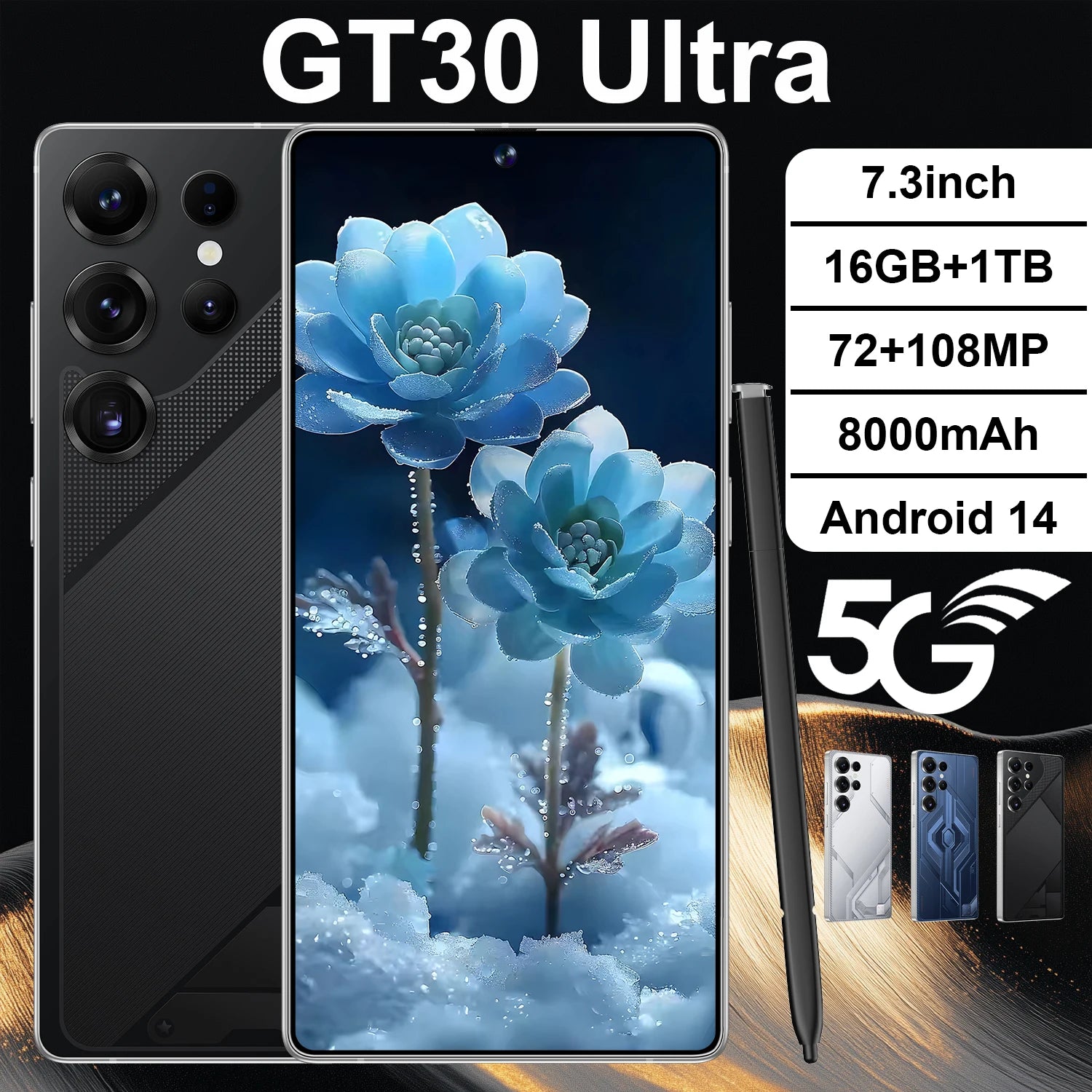 GT30 Ultra 5G LTE Smartphone 7.3inch 16GB+1TB 10-Core Dual SIM CDMA 108MP Facial Recognition