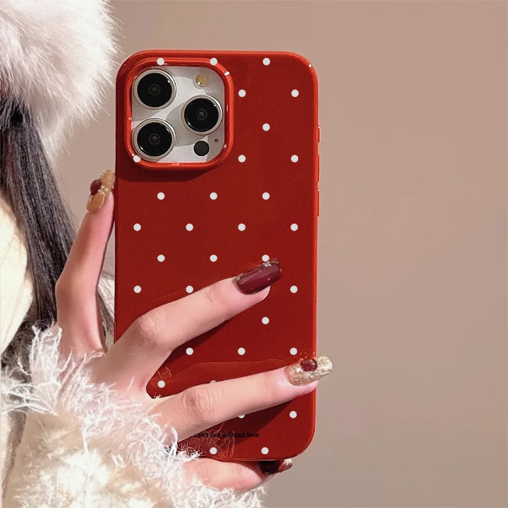 Classic Retro White Wave Point Wine Red Glossy Protective Soft Phone Case for iPhone