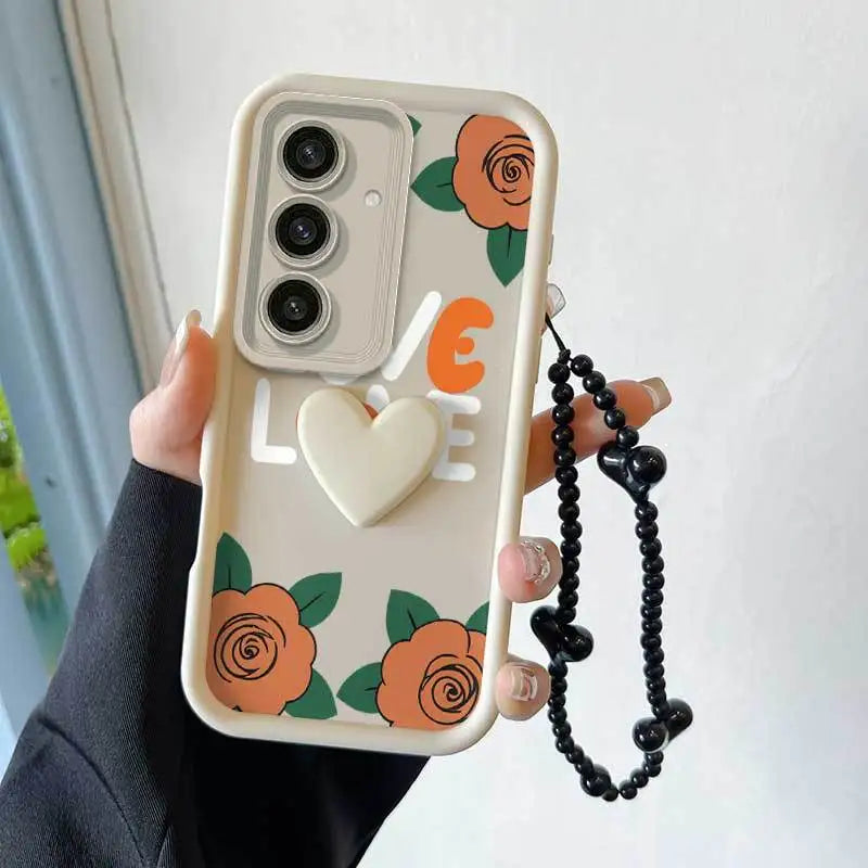 3pcs Cartoon Rose Phone Case+Lanyard+Craft Embellishments Samsung Galaxy
