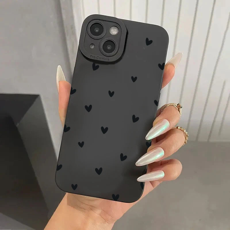 Black Love Heart Phone Case For iPhone 17 16 14 15 13 12 11 Pro Max X XR XS 7 8 15 16 Plus SE Shockproof Silicone Soft Cover