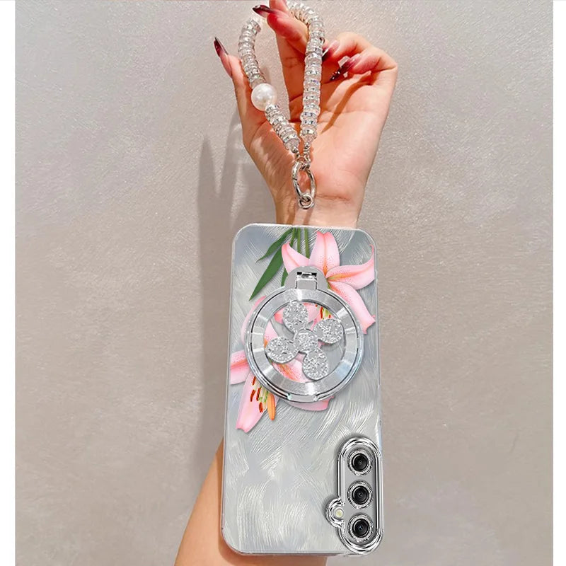 3pcs( Pink flowers Phone Case+Lanyard+Stand) For Samsung Galaxy