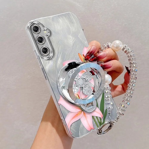 3pcs( Pink flowers Phone Case+Lanyard+Stand) For Samsung Galaxy