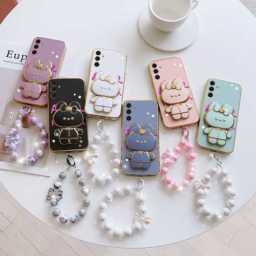 3pcs( Cute Flower Shape Phone Case+Lanyard+Rabbit Stand) For Samsung Galaxy