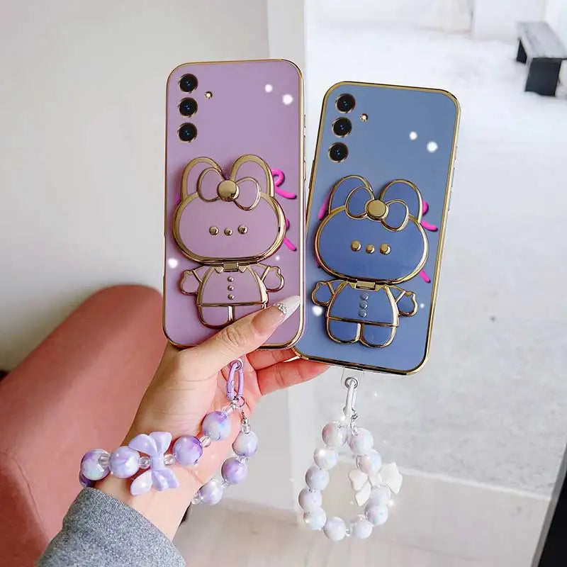 3pcs( Cute Flower Shape Phone Case+Lanyard+Rabbit Stand) For Samsung Galaxy
