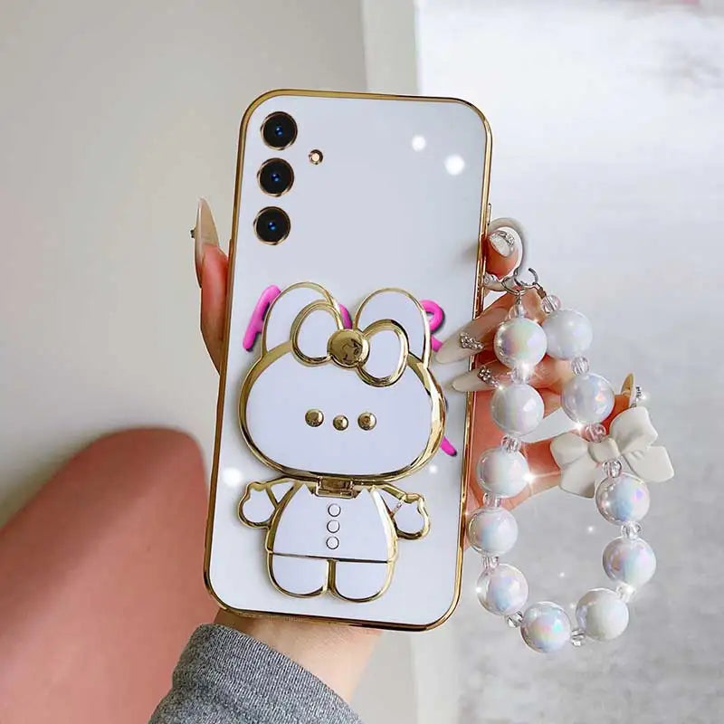 3pcs( Cute Flower Shape Phone Case+Lanyard+Rabbit Stand) For Samsung Galaxy