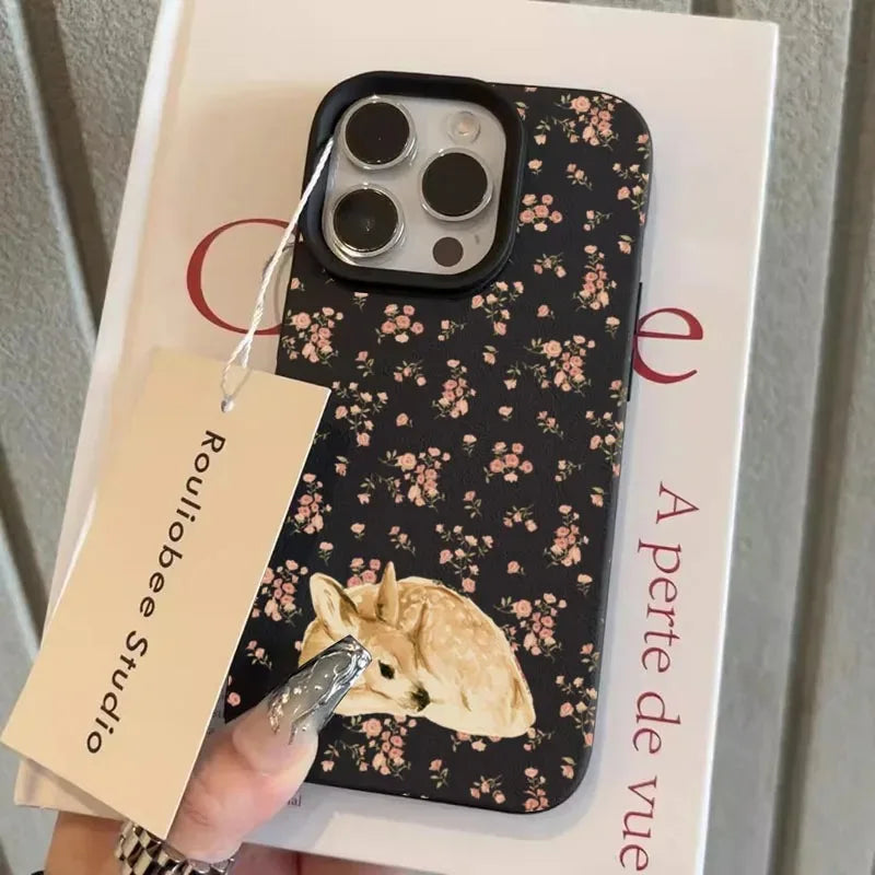 Cute Deer and Full Floral Pattern Design Shockproof Phone Case For iPhone