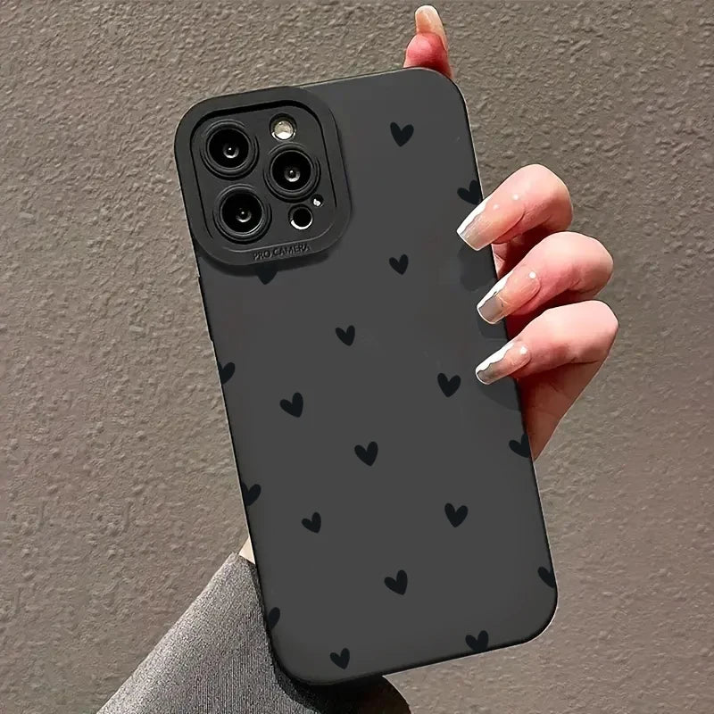 Black Love Heart Phone Case For iPhone 17 16 14 15 13 12 11 Pro Max X XR XS 7 8 15 16 Plus SE Shockproof Silicone Soft Cover