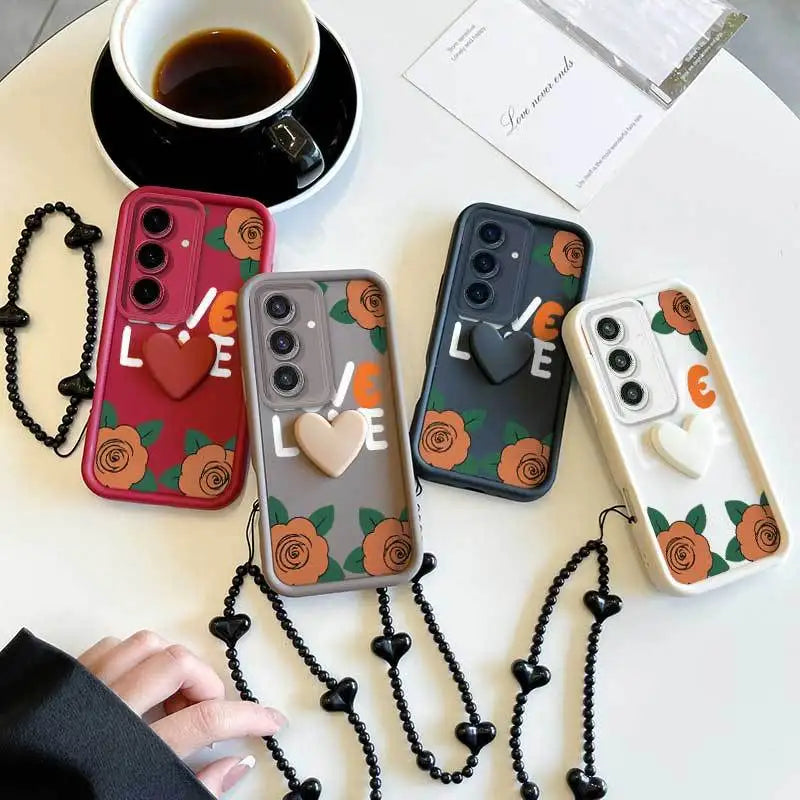 3pcs Cartoon Rose Phone Case+Lanyard+Craft Embellishments Samsung Galaxy
