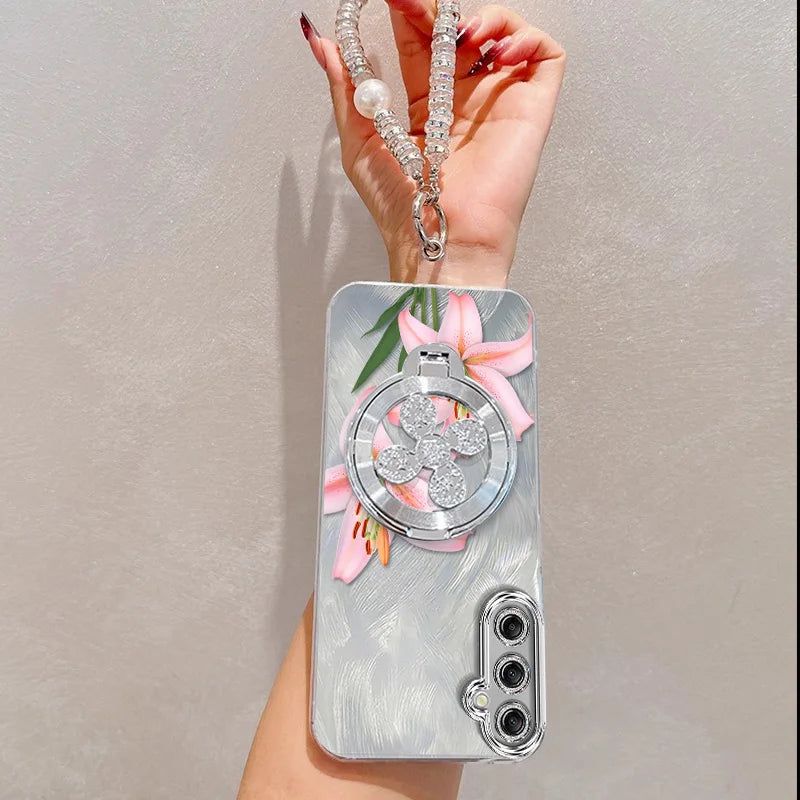 3pcs( Pink flowers Phone Case+Lanyard+Stand) For Samsung Galaxy