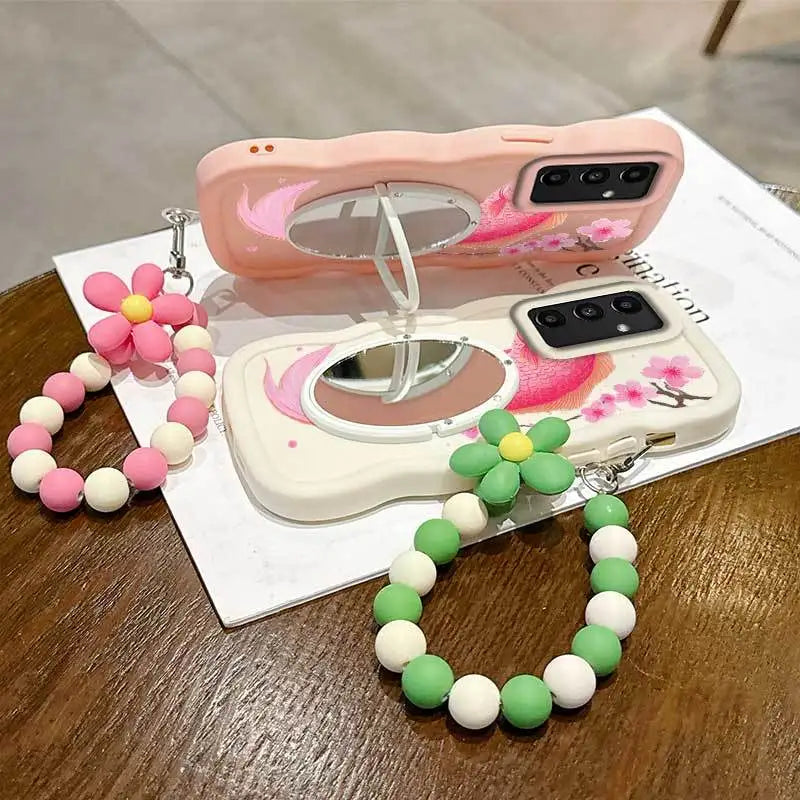 3 Pcs(Light Delicate Petals Phone Case+Lanyard+Stand)Phone Case for Samsung Galaxy