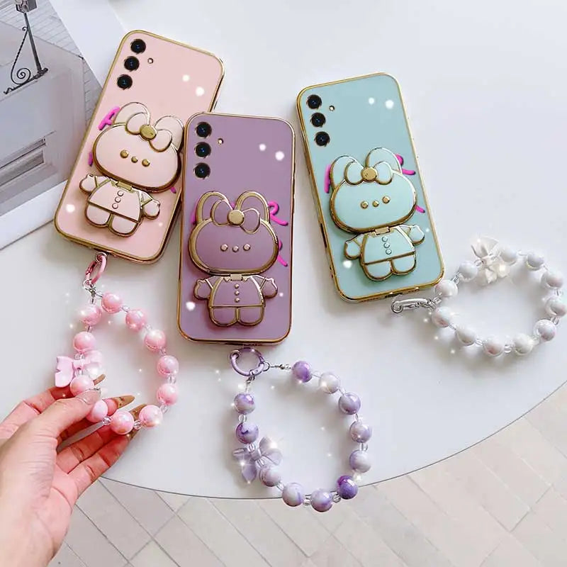 3pcs( Cute Flower Shape Phone Case+Lanyard+Rabbit Stand) For Samsung Galaxy