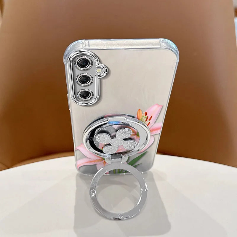 3pcs( Pink flowers Phone Case+Lanyard+Stand) For Samsung Galaxy