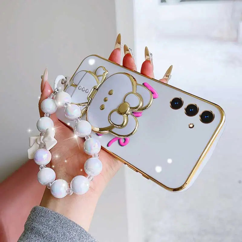 3pcs( Cute Flower Shape Phone Case+Lanyard+Rabbit Stand) For Samsung Galaxy