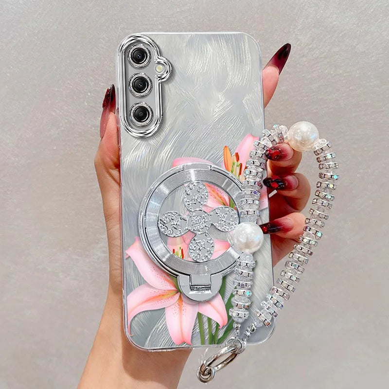 3pcs( Pink flowers Phone Case+Lanyard+Stand) For Samsung Galaxy
