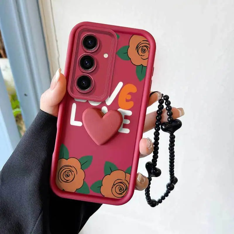 3pcs Cartoon Rose Phone Case+Lanyard+Craft Embellishments Samsung Galaxy