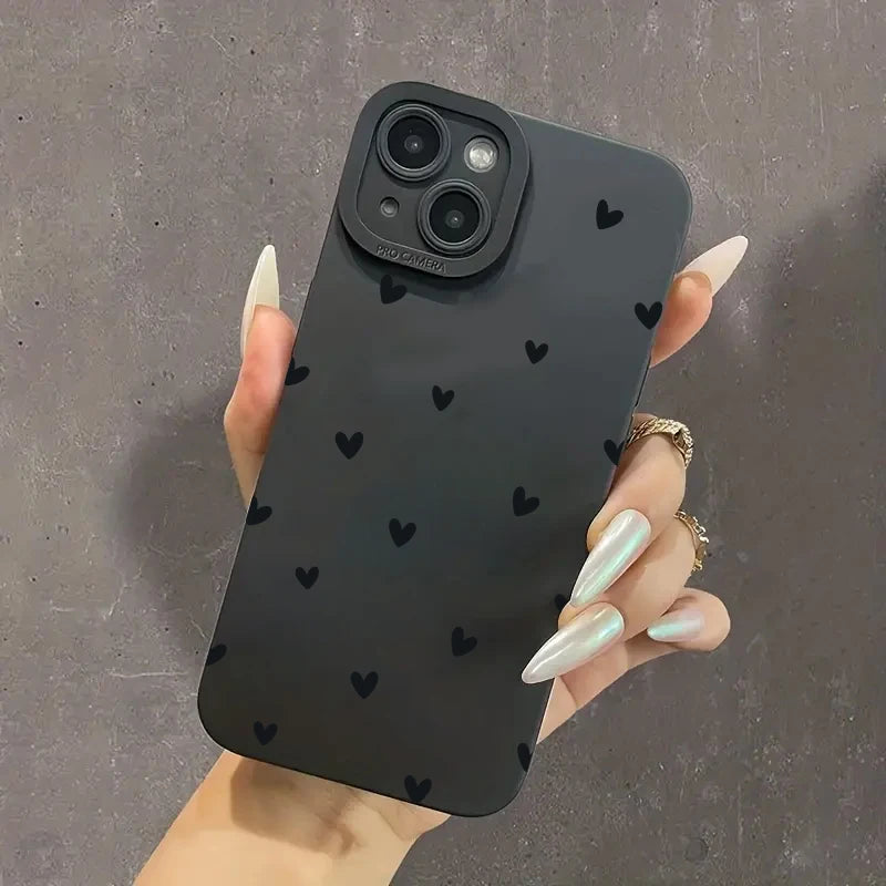 Black Love Heart Phone Case For iPhone 17 16 14 15 13 12 11 Pro Max X XR XS 7 8 15 16 Plus SE Shockproof Silicone Soft Cover