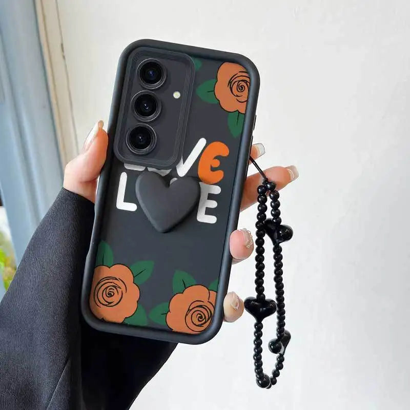 3pcs Cartoon Rose Phone Case+Lanyard+Craft Embellishments Samsung Galaxy