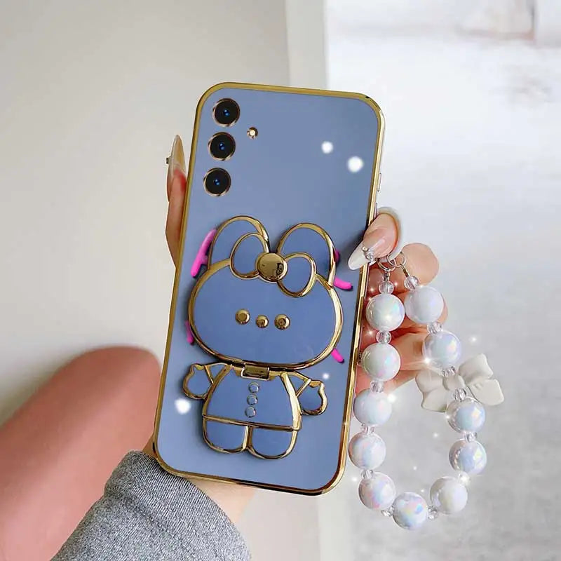 3pcs( Cute Flower Shape Phone Case+Lanyard+Rabbit Stand) For Samsung Galaxy