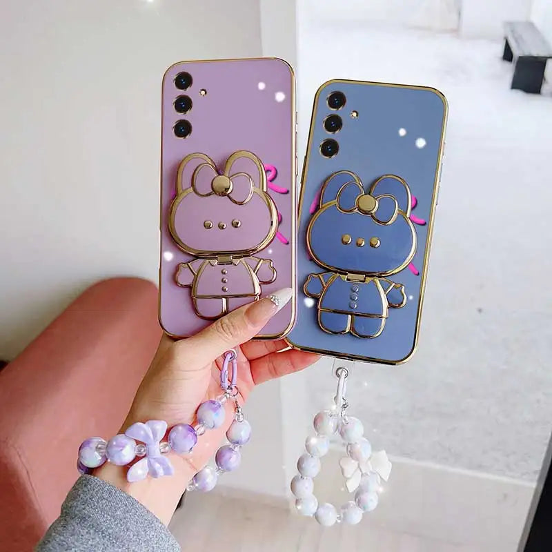 3pcs( Cute Flower Shape Phone Case+Lanyard+Rabbit Stand) For Samsung Galaxy