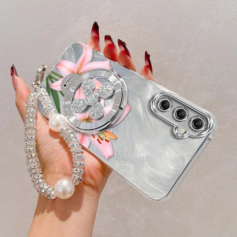 3pcs( Pink flowers Phone Case+Lanyard+Stand) For Samsung Galaxy