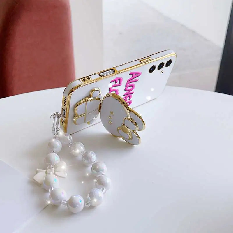 3pcs( Cute Flower Shape Phone Case+Lanyard+Rabbit Stand) For Samsung Galaxy