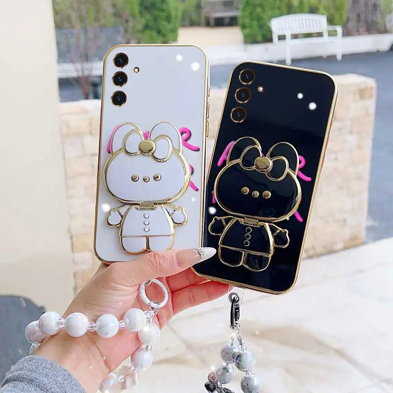 3pcs( Cute Flower Shape Phone Case+Lanyard+Rabbit Stand) For Samsung Galaxy