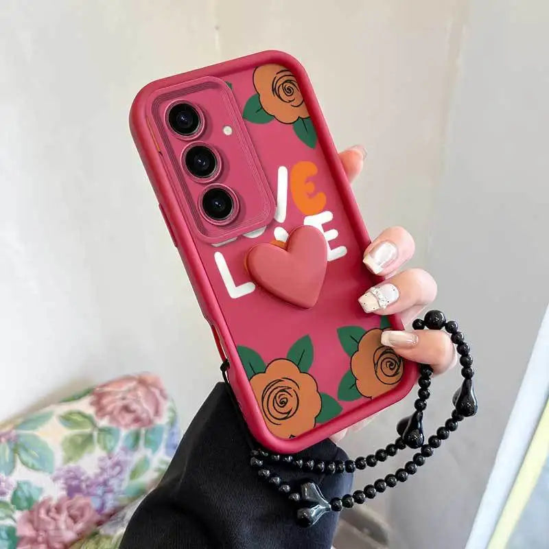 3pcs Cartoon Rose Phone Case+Lanyard+Craft Embellishments Samsung Galaxy