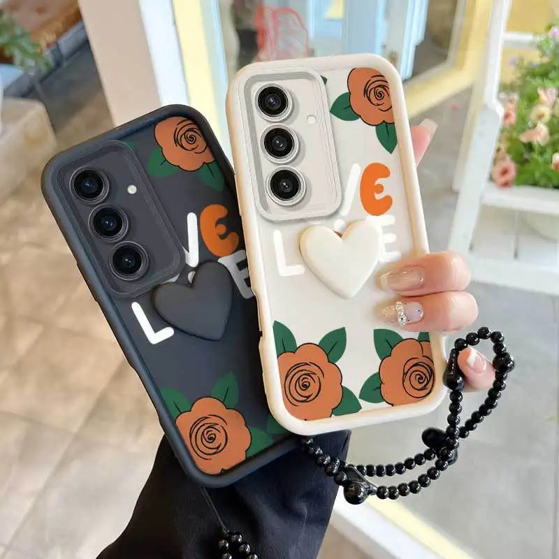 3pcs Cartoon Rose Phone Case+Lanyard+Craft Embellishments Samsung Galaxy