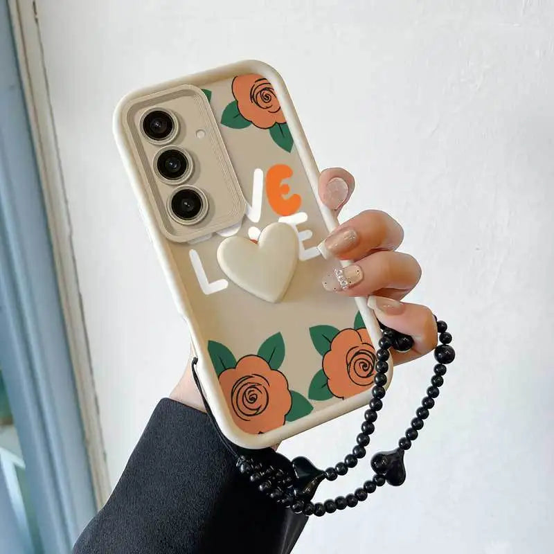 3pcs Cartoon Rose Phone Case+Lanyard+Craft Embellishments Samsung Galaxy