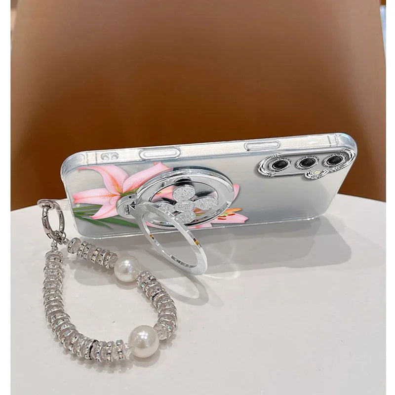 3pcs( Pink flowers Phone Case+Lanyard+Stand) For Samsung Galaxy