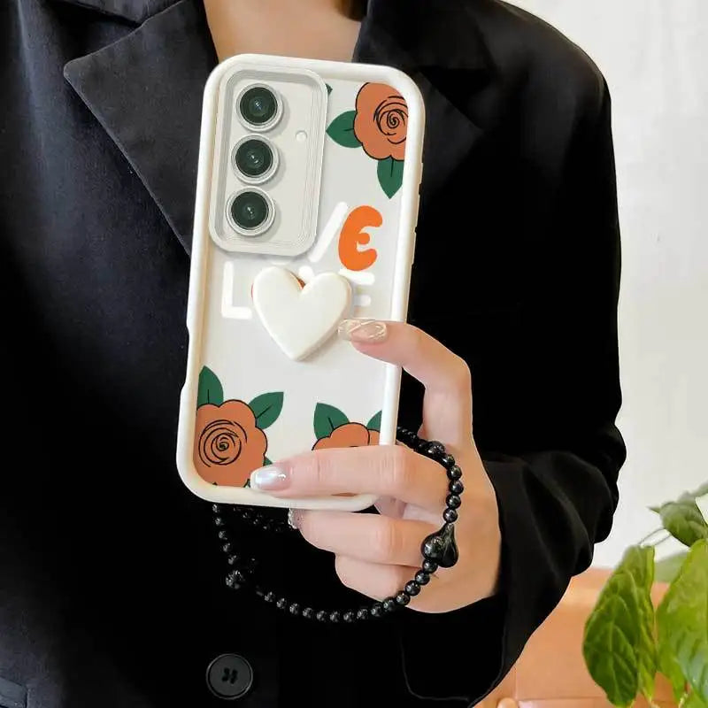 3pcs Cartoon Rose Phone Case+Lanyard+Craft Embellishments Samsung Galaxy