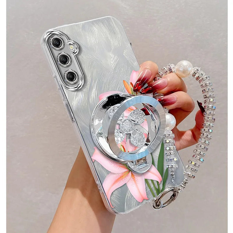 3pcs( Pink flowers Phone Case+Lanyard+Stand) For Samsung Galaxy