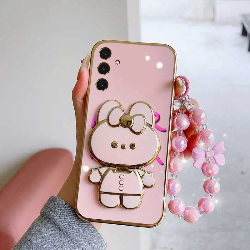 3pcs( Cute Flower Shape Phone Case+Lanyard+Rabbit Stand) For Samsung Galaxy