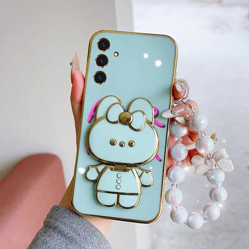 3pcs( Cute Flower Shape Phone Case+Lanyard+Rabbit Stand) For Samsung Galaxy