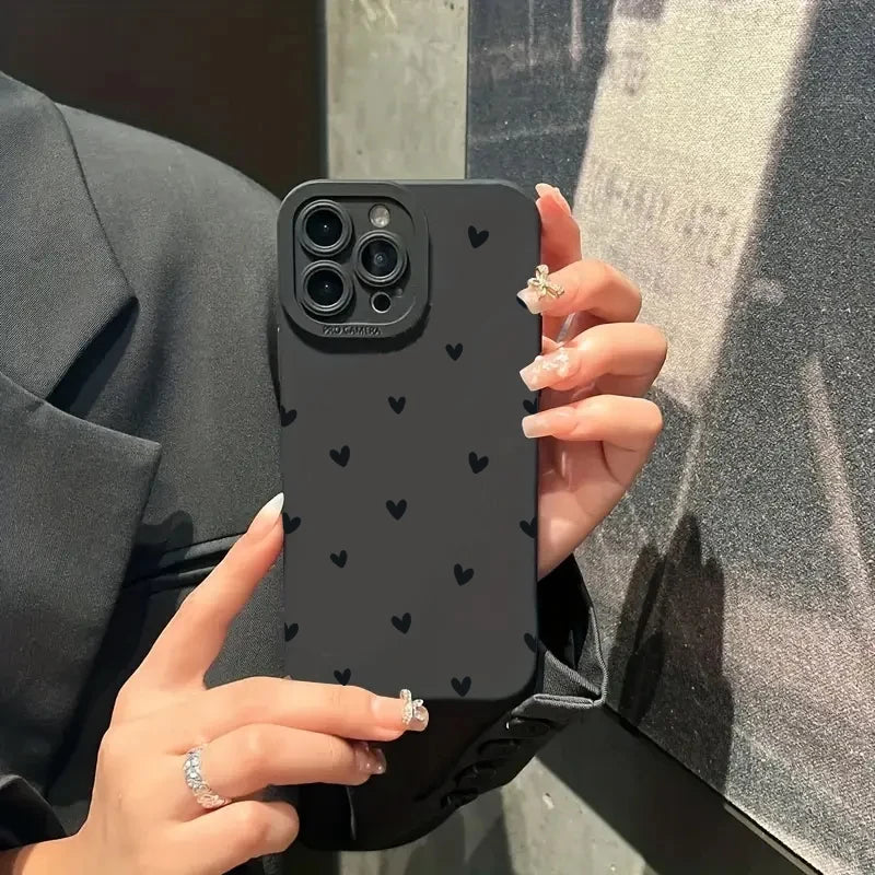 Black Love Heart Phone Case For iPhone 17 16 14 15 13 12 11 Pro Max X XR XS 7 8 15 16 Plus SE Shockproof Silicone Soft Cover