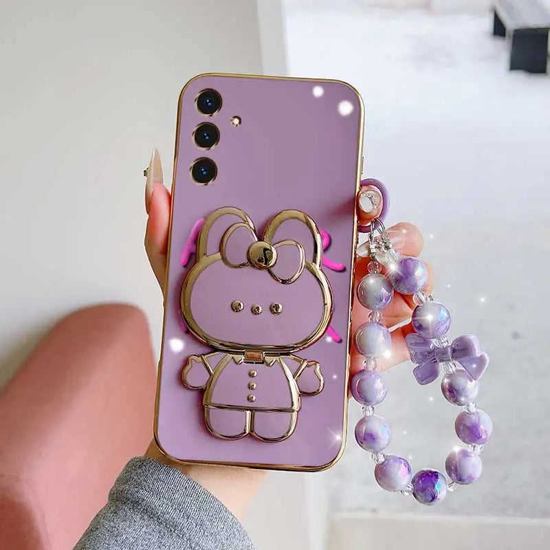 3pcs( Cute Flower Shape Phone Case+Lanyard+Rabbit Stand) For Samsung Galaxy