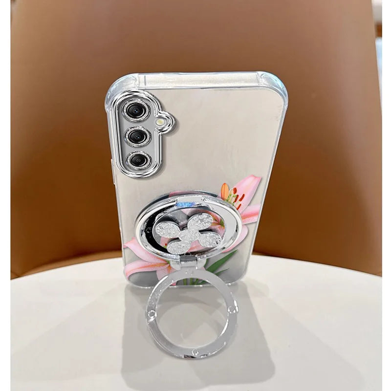 3pcs( Pink flowers Phone Case+Lanyard+Stand) For Samsung Galaxy