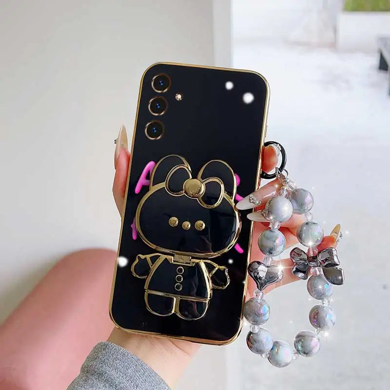 3pcs( Cute Flower Shape Phone Case+Lanyard+Rabbit Stand) For Samsung Galaxy