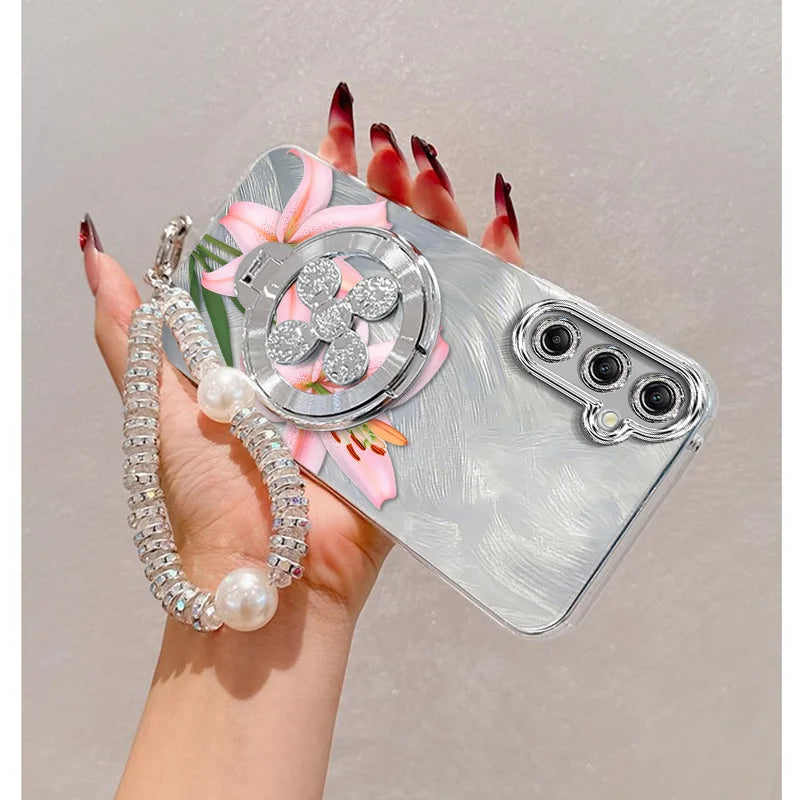 3pcs( Pink flowers Phone Case+Lanyard+Stand) For Samsung Galaxy
