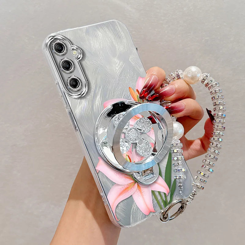 3pcs( Pink flowers Phone Case+Lanyard+Stand) For Samsung Galaxy