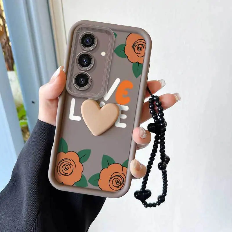 3pcs Cartoon Rose Phone Case+Lanyard+Craft Embellishments Samsung Galaxy