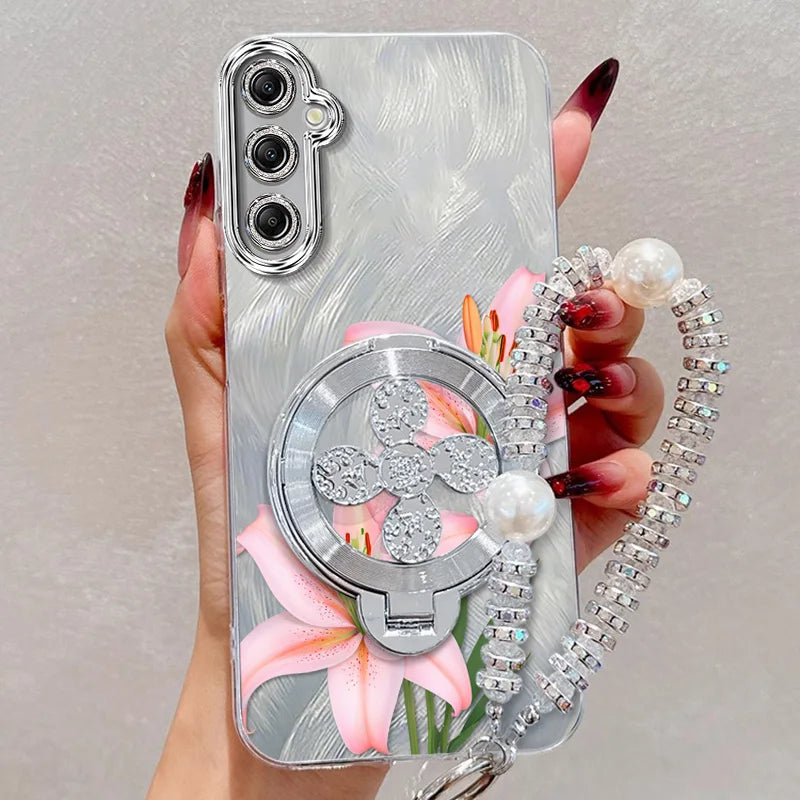 3pcs( Pink flowers Phone Case+Lanyard+Stand) For Samsung Galaxy