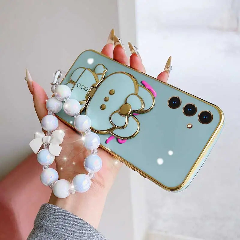 3pcs( Cute Flower Shape Phone Case+Lanyard+Rabbit Stand) For Samsung Galaxy