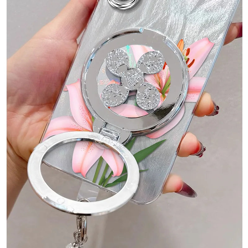 3pcs( Pink flowers Phone Case+Lanyard+Stand) For Samsung Galaxy