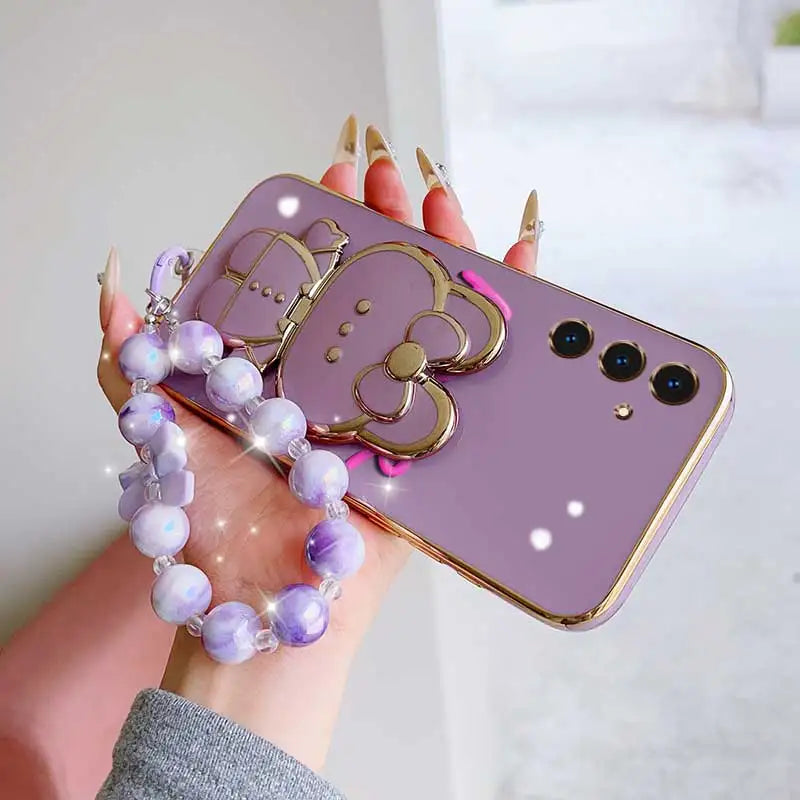 3pcs( Cute Flower Shape Phone Case+Lanyard+Rabbit Stand) For Samsung Galaxy