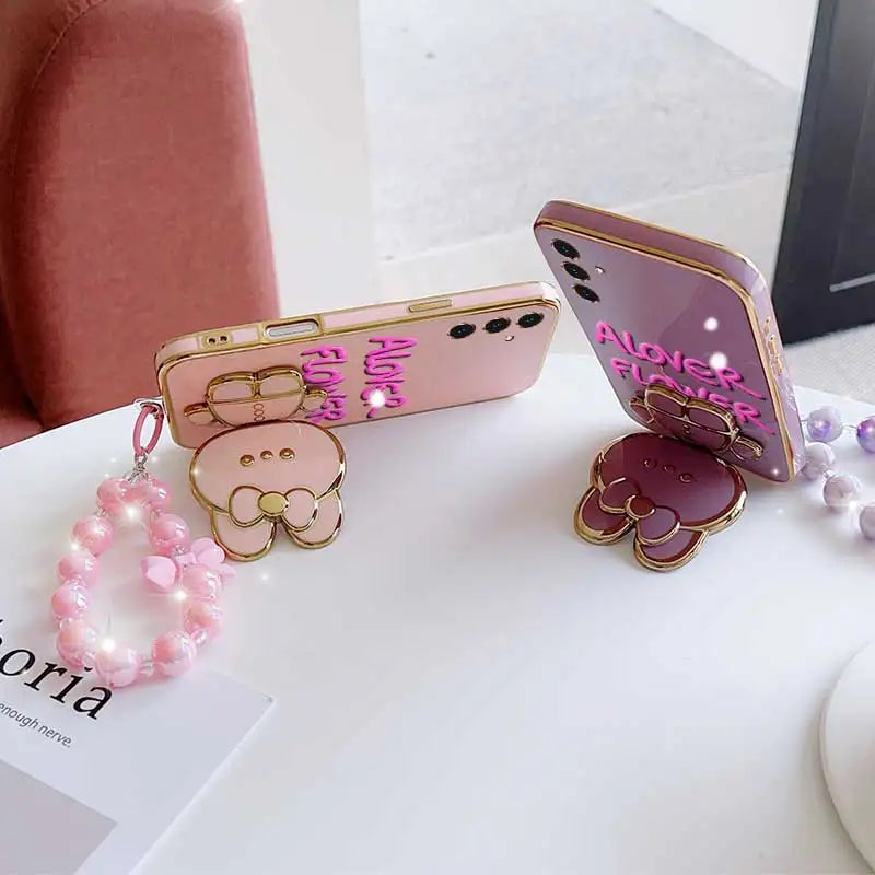 3pcs( Cute Flower Shape Phone Case+Lanyard+Rabbit Stand) For Samsung Galaxy